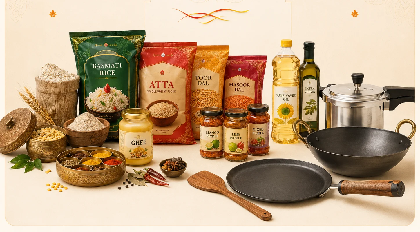 Assorted Indian cooking ingredients and utensils on a decorative background.