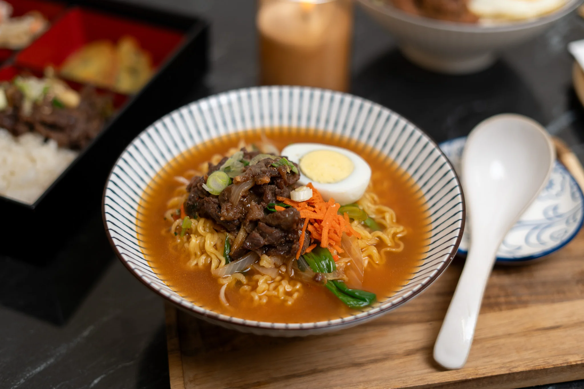 Korean beef ramen with egg and vegetables