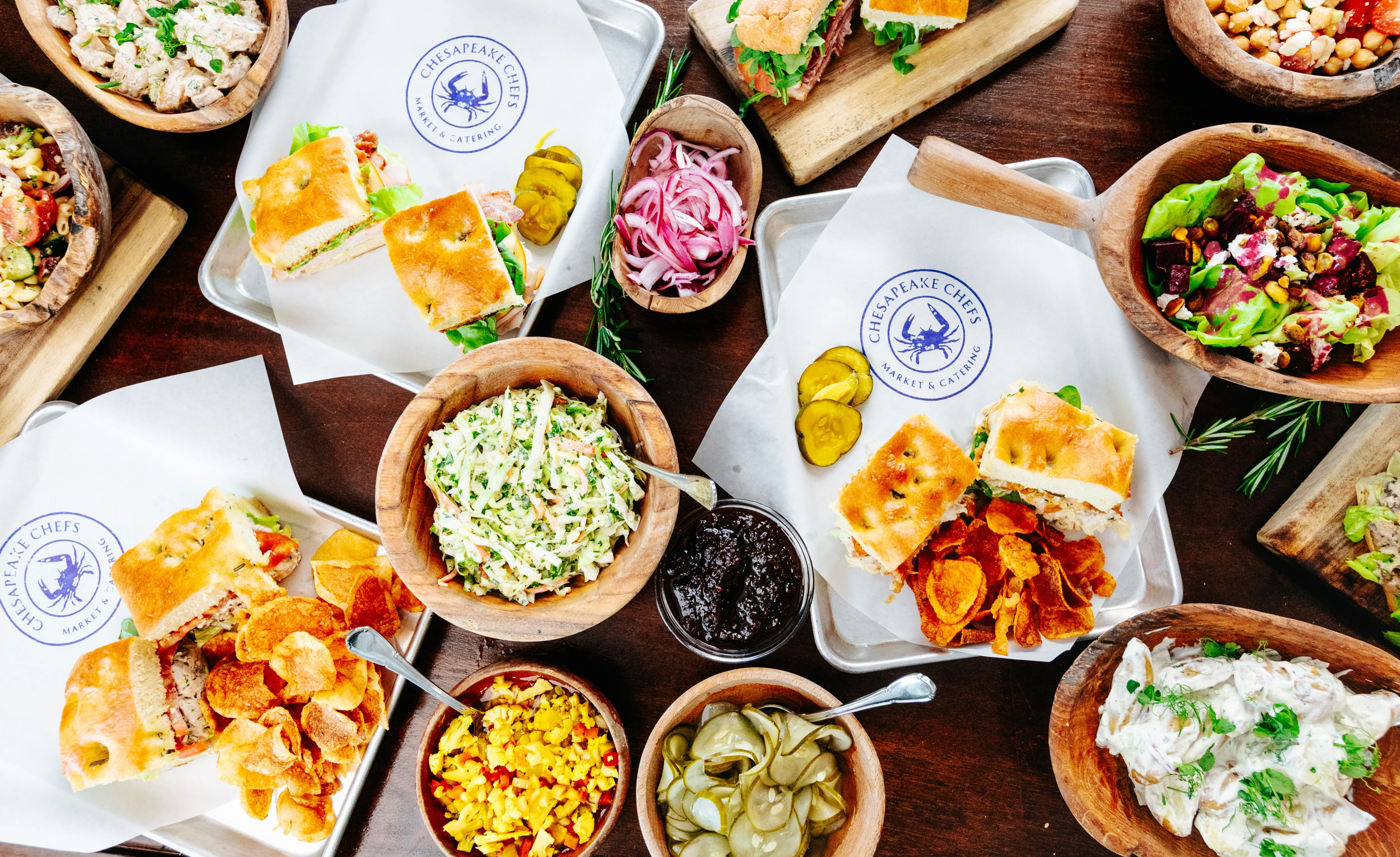 Assorted sandwiches and sides in a casual dining setting