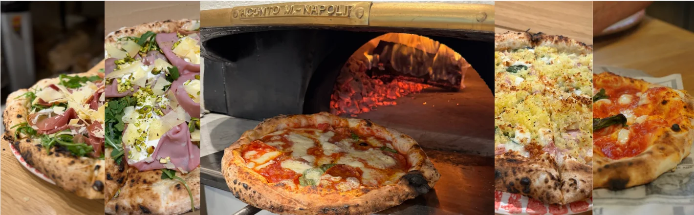 Assorted Neapolitan pizzas from a wood-fired oven