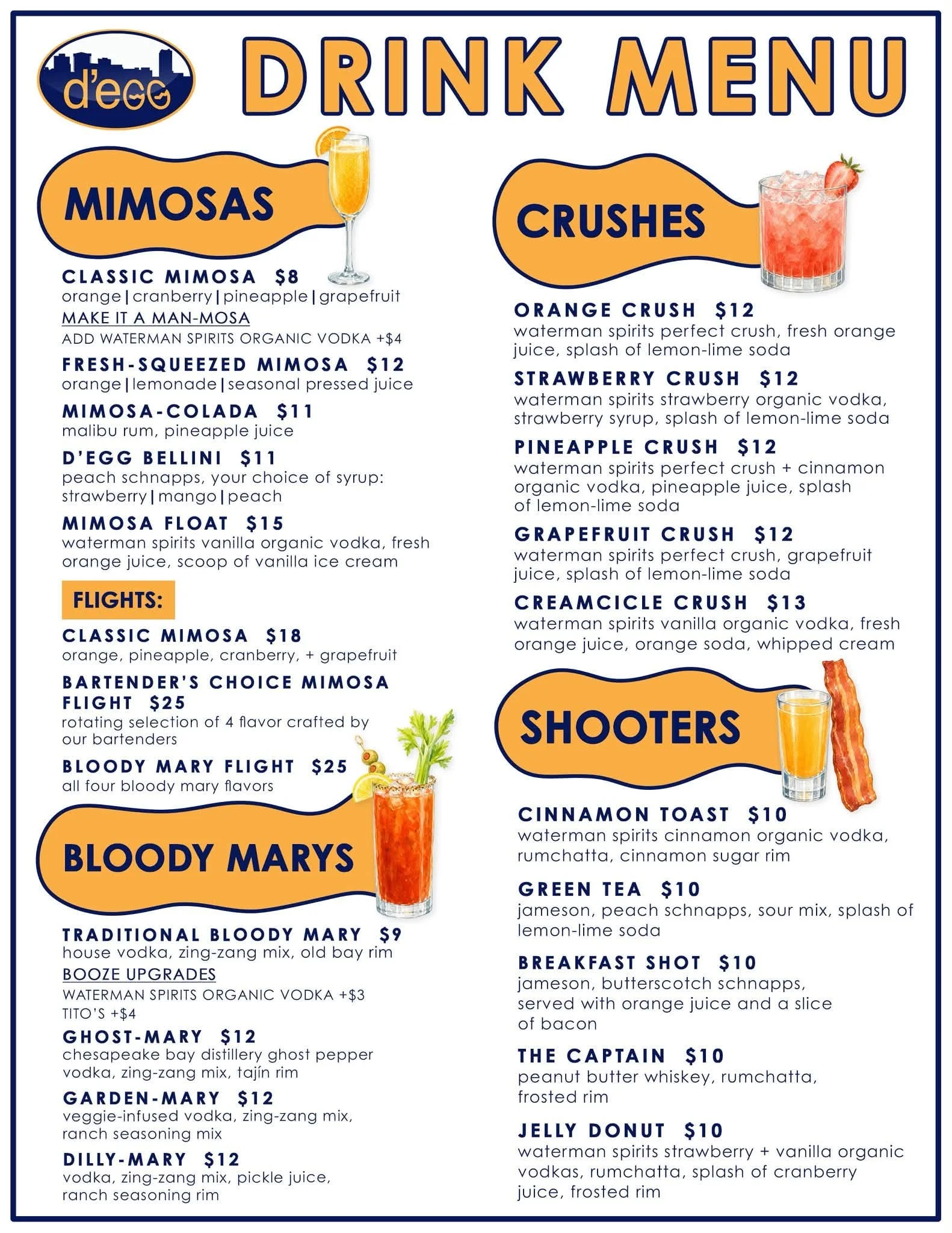 Restaurant drink menu featuring mimosas, Bloody Marys, crushes, and shooters