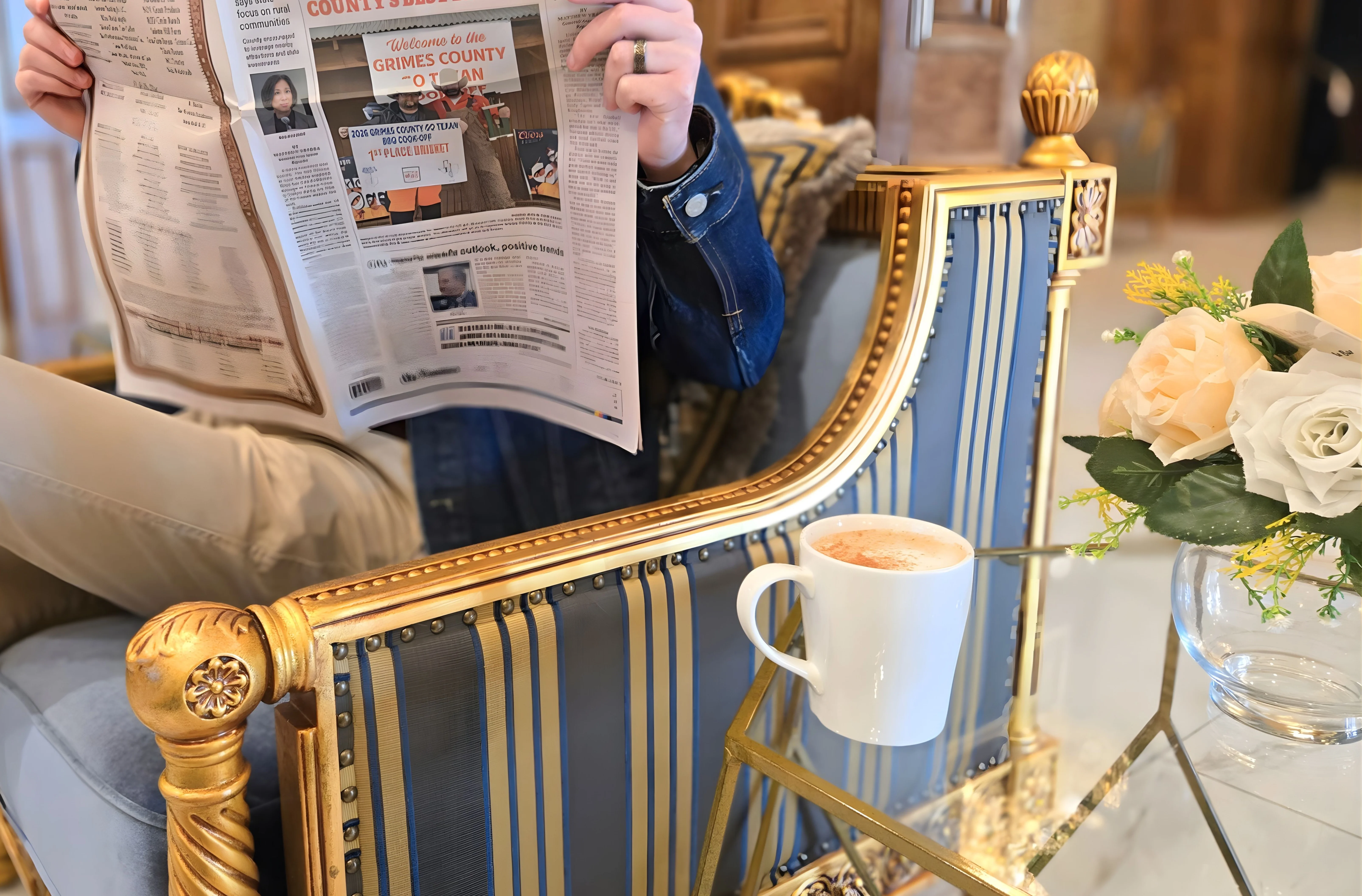 Person reading newspaper in a stylish café setting