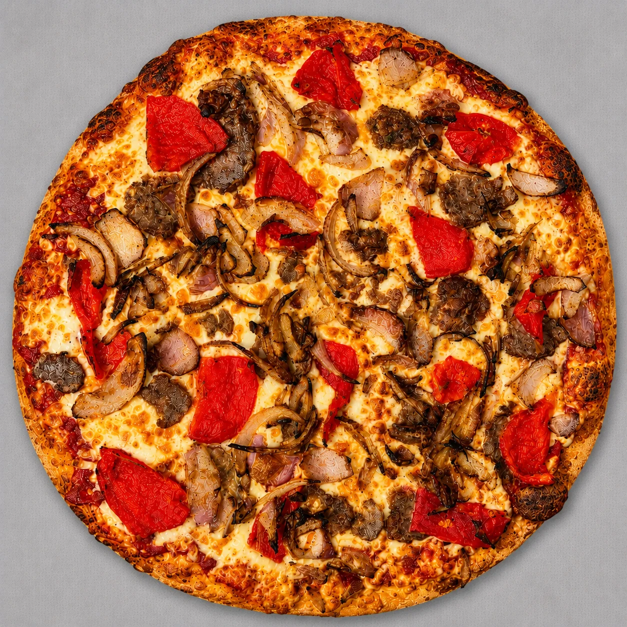Delicious meat lover's pizza with peppers and onions