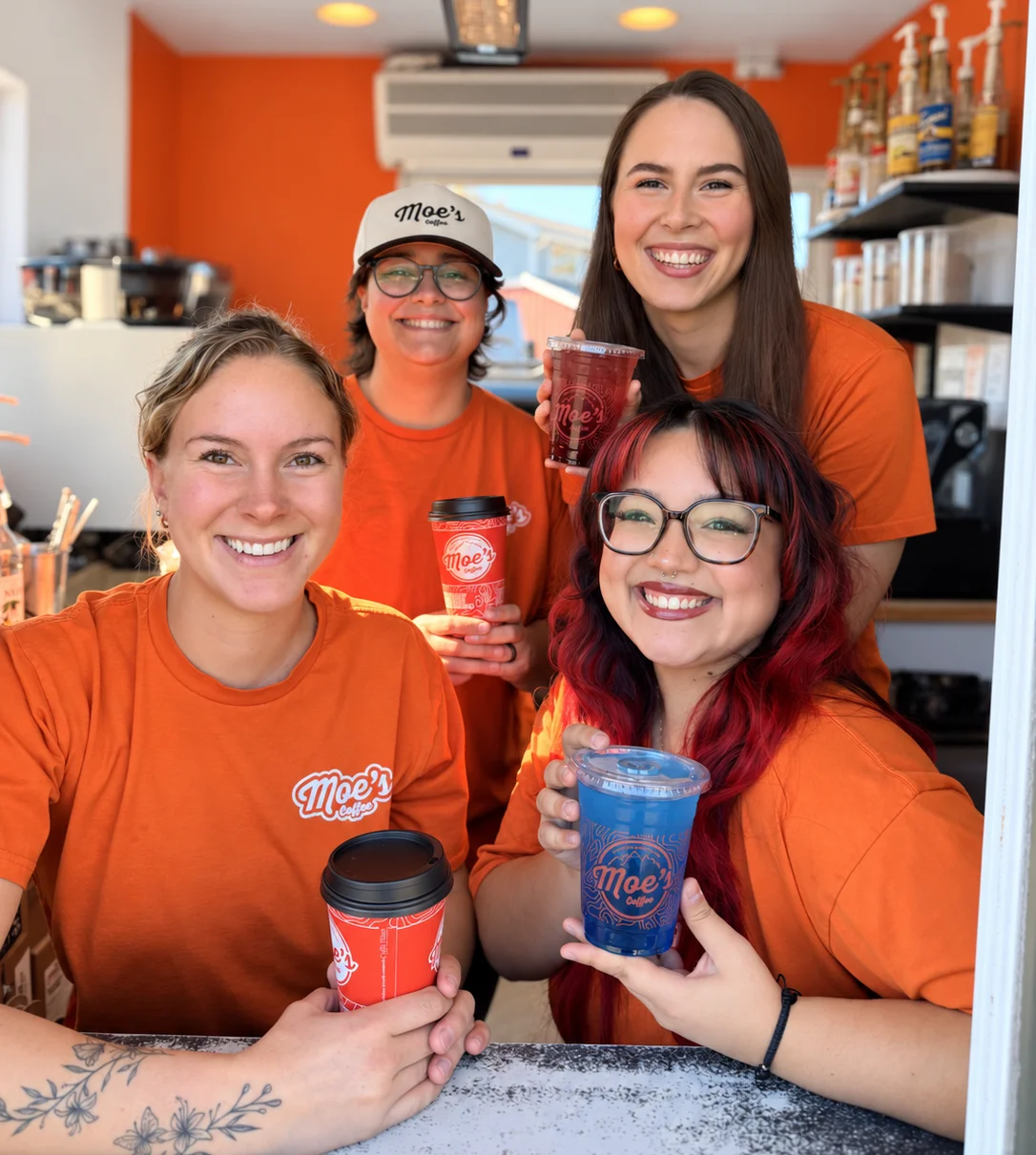 Team of baristas in orange shirts at a coffee shop