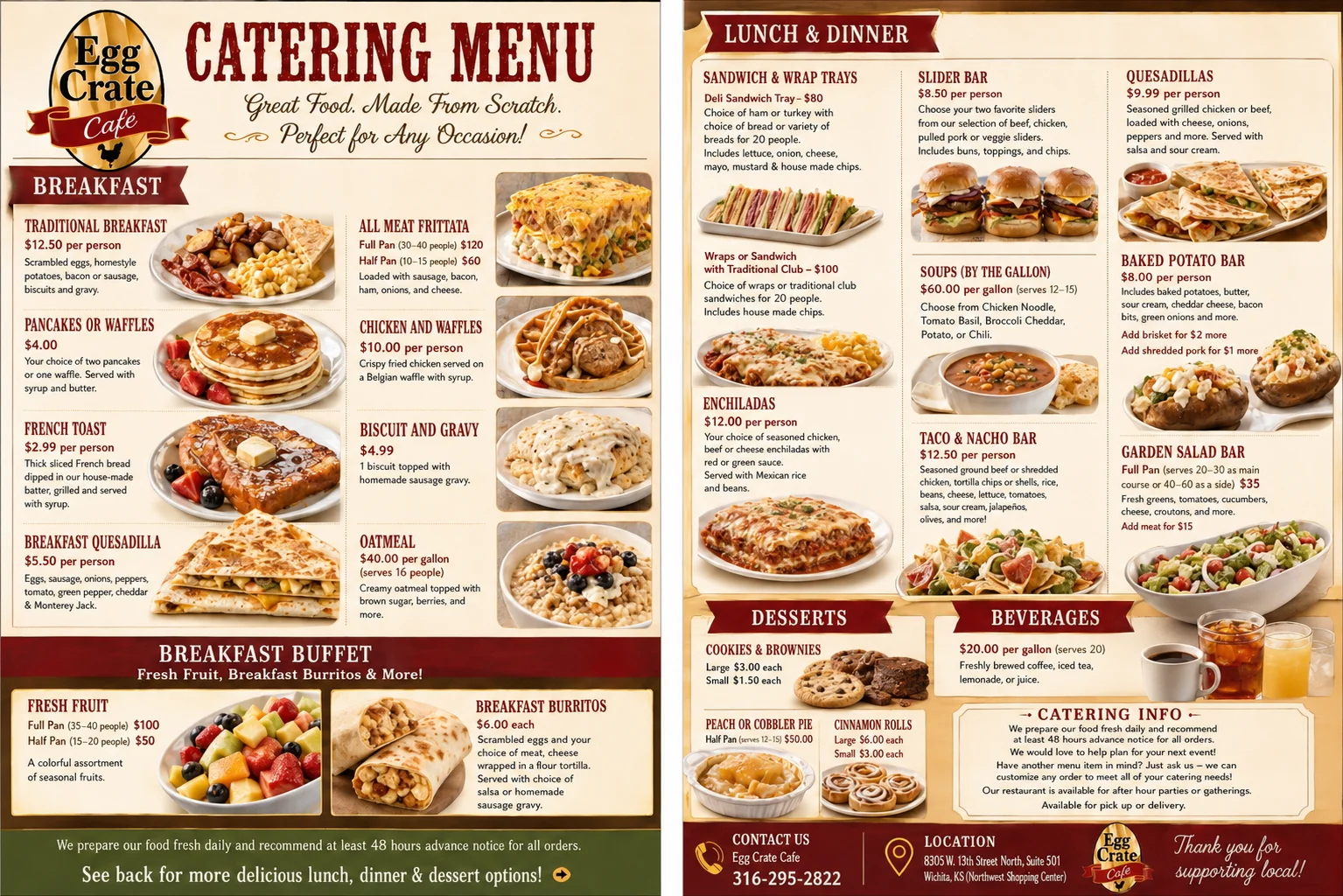 Catering menu featuring breakfast and lunch options from Egg Crate Cafe