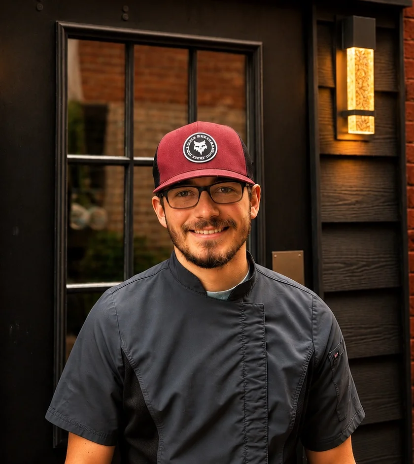Chef standing in front of The Homegrown Kitchen restaurant entrance.