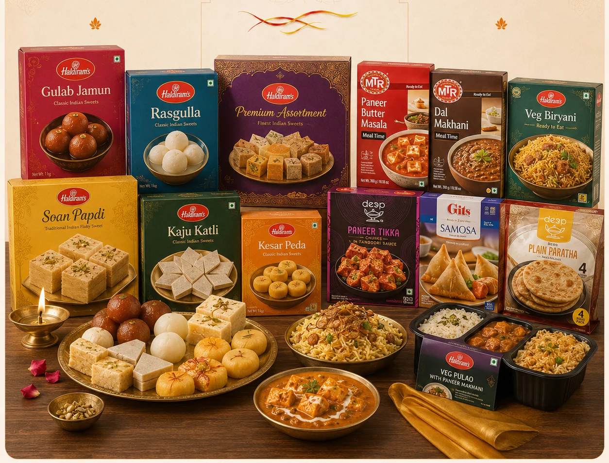 An assortment of Indian sweets and ready-to-eat meals displayed elegantly.