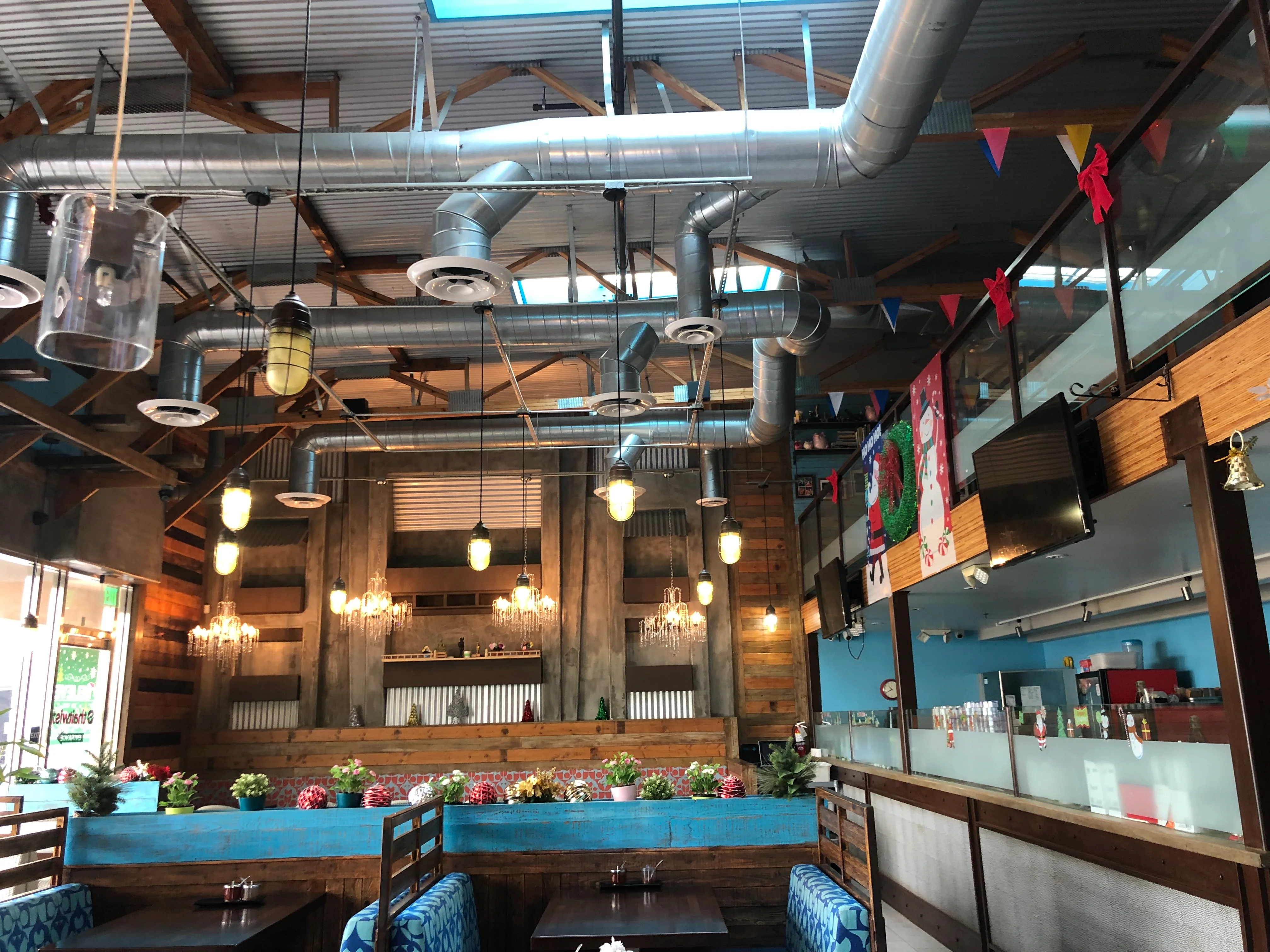 Stylish restaurant interior with modern decor and vibrant lighting