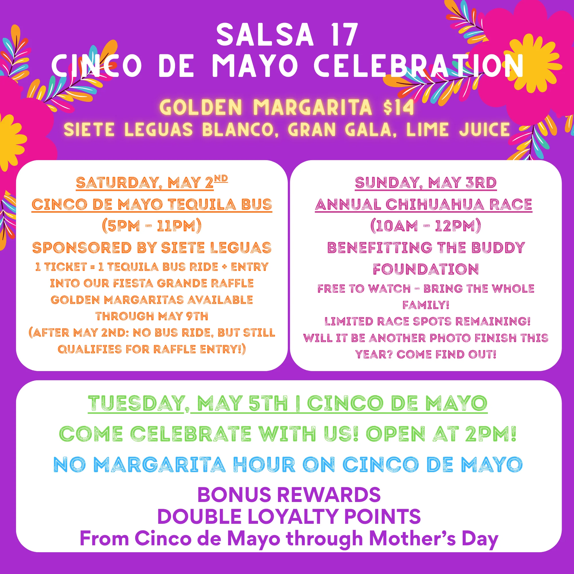 Cincode Mayo weekend celebration promotional image with festive decorations.