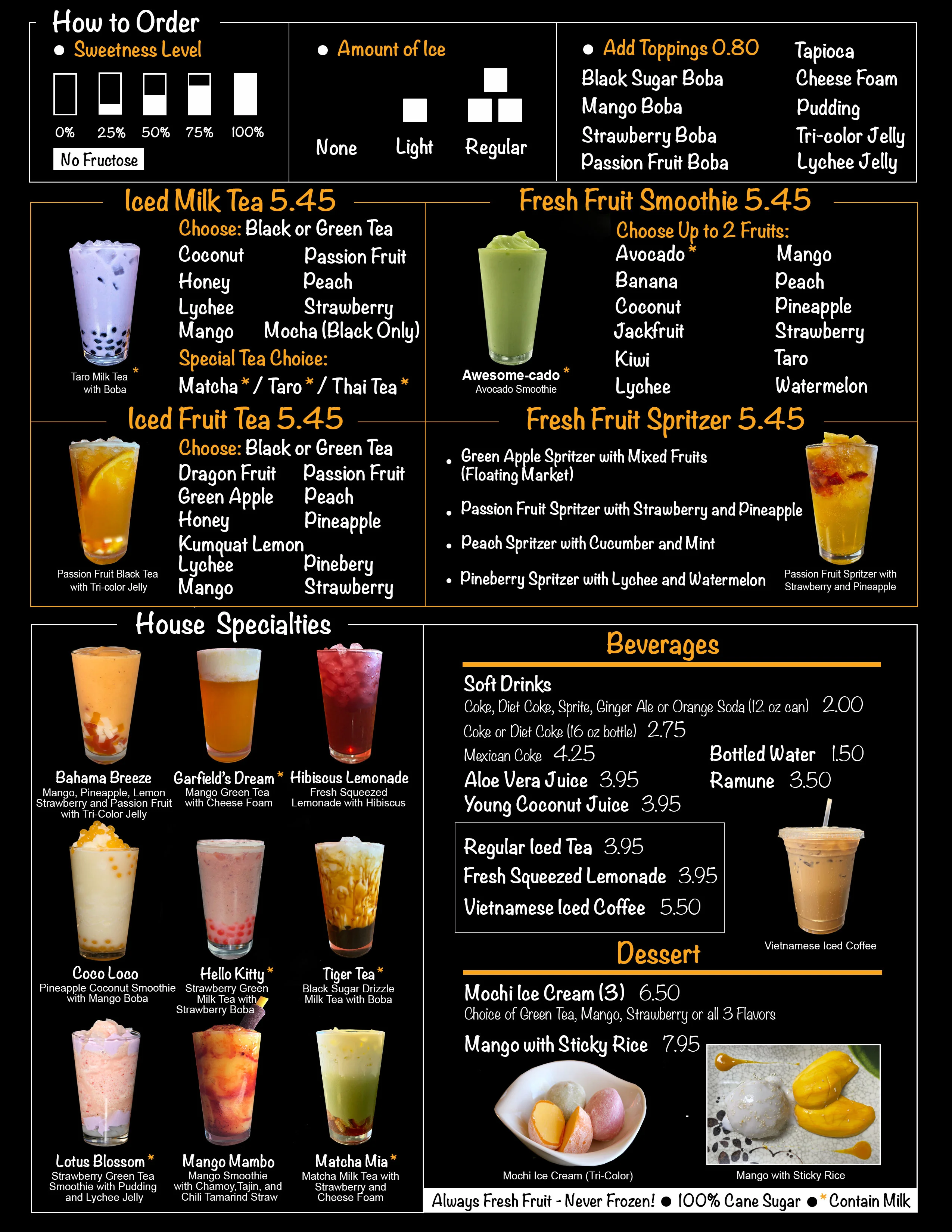 Colorful menu of bubble tea and fruit drinks from a vibrant Asian café