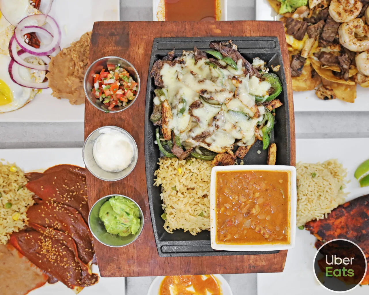 Sizzling fajitas served on a hot skillet