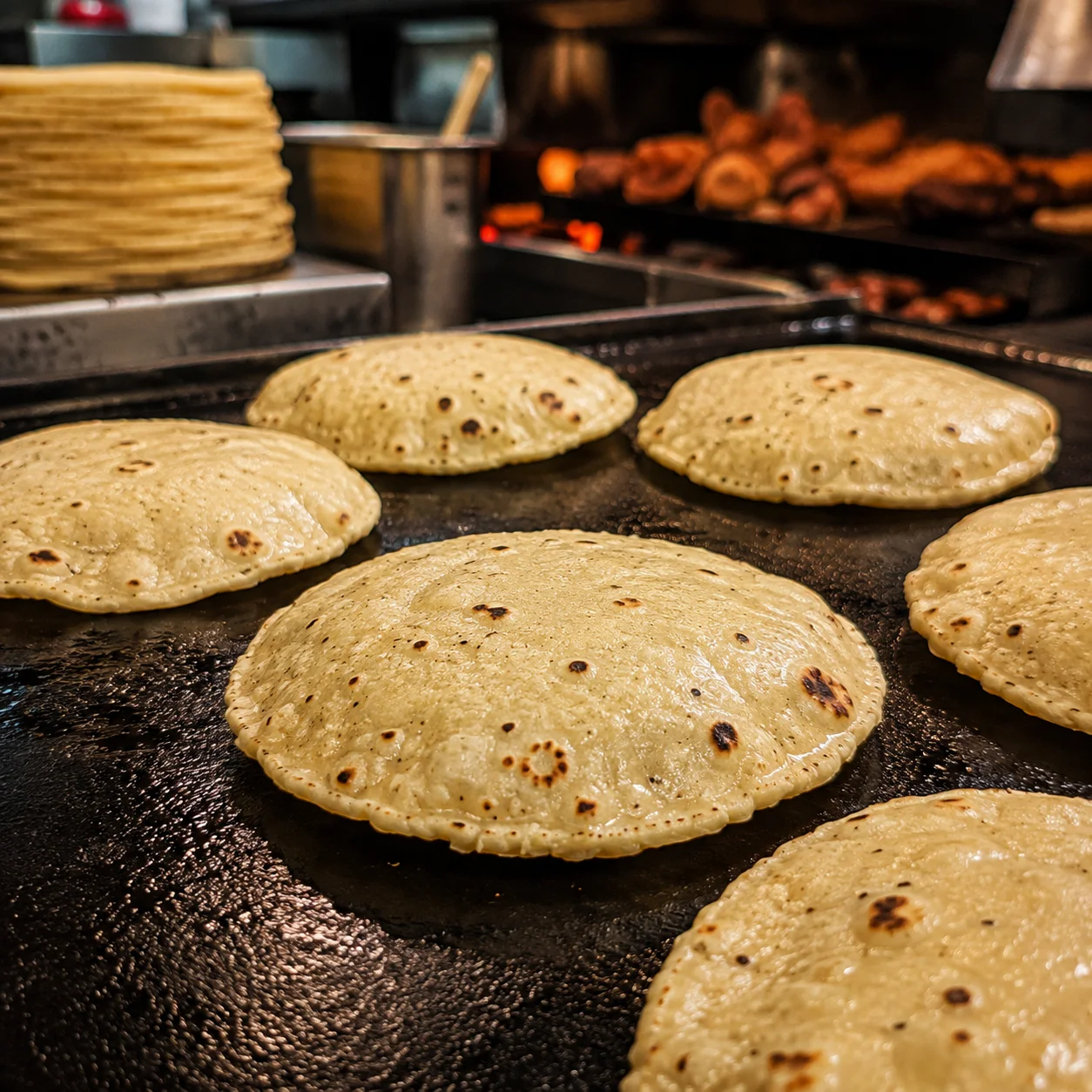 Freshly cooked Indian puris on a griddle