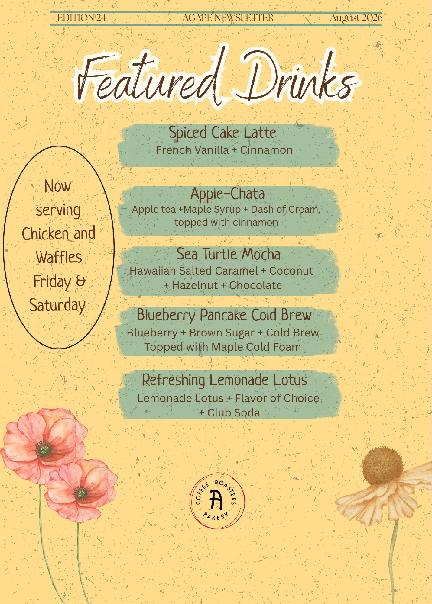 Featured drinks menu with unique coffee and refreshment options