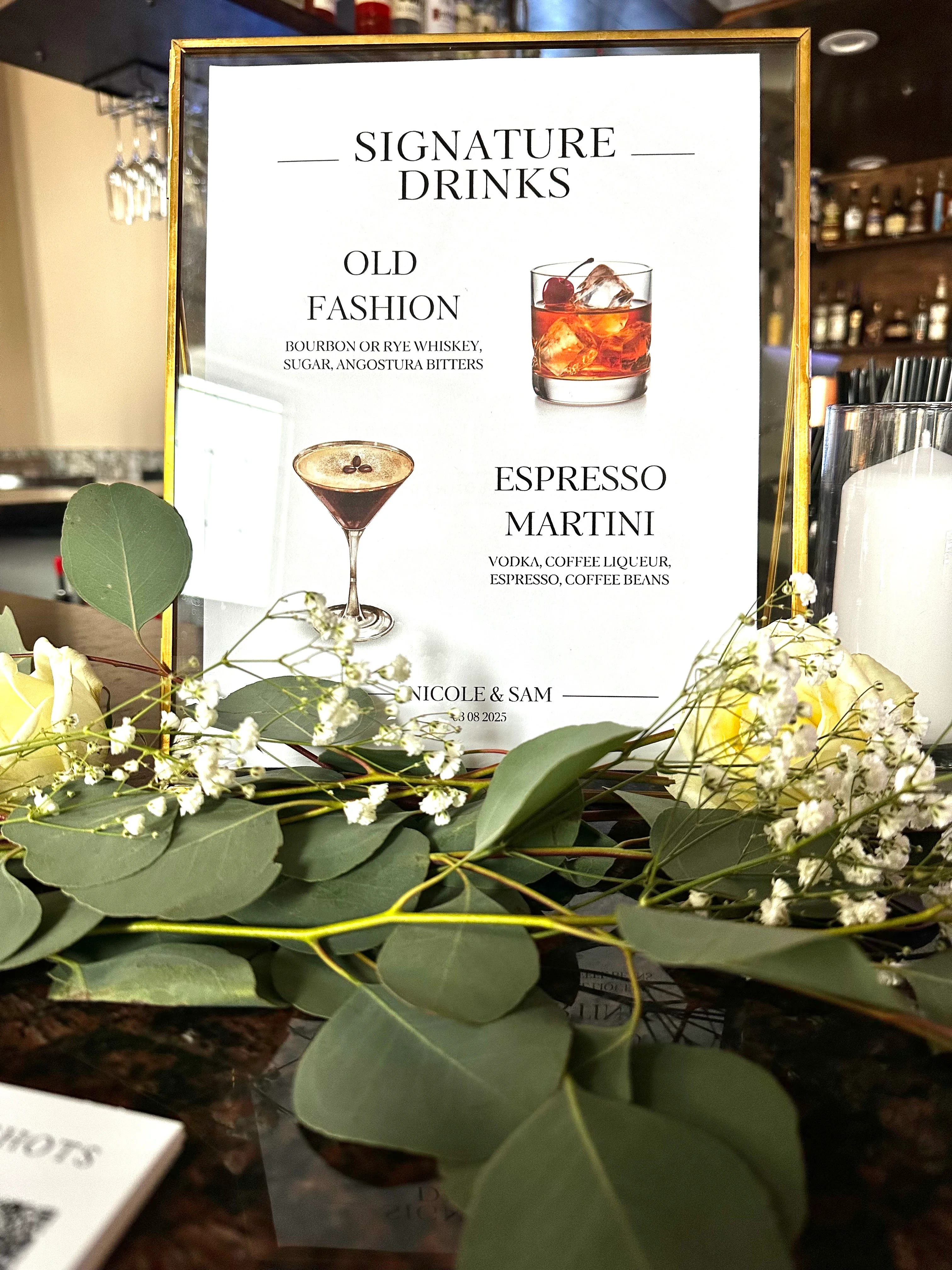 Signature cocktail menu featuring Old Fashion and Espresso Martini