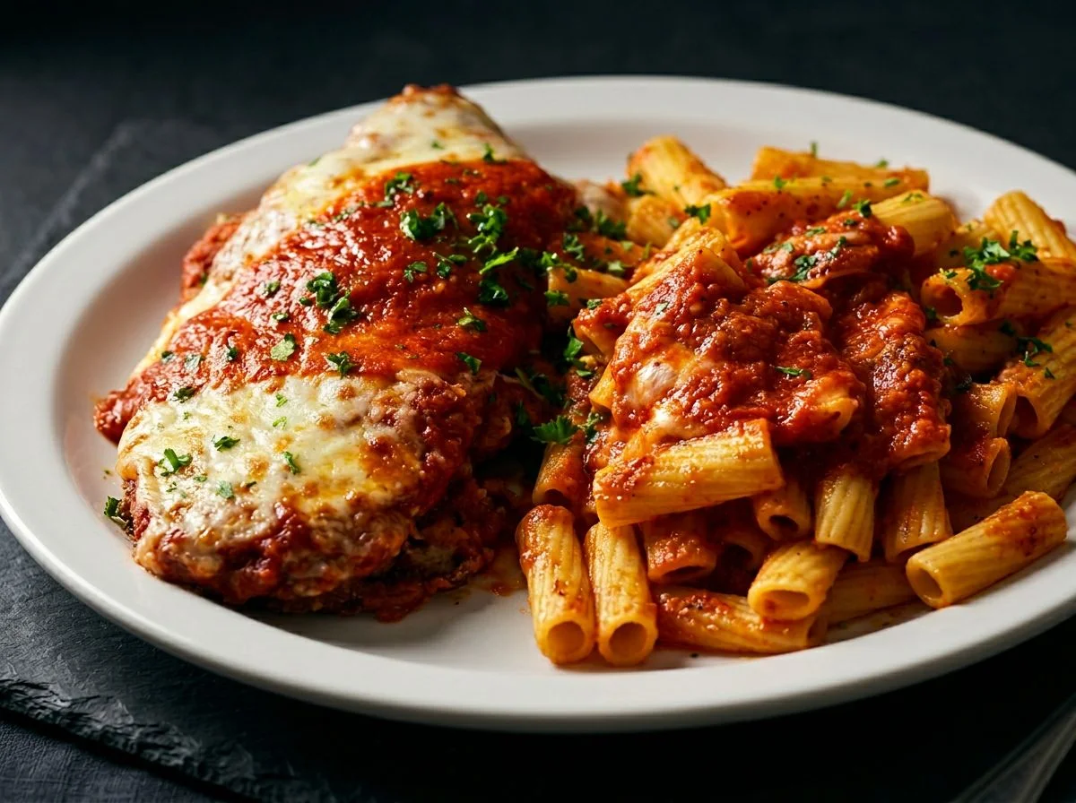 Italian chicken parmesan with pasta and marinara sauce