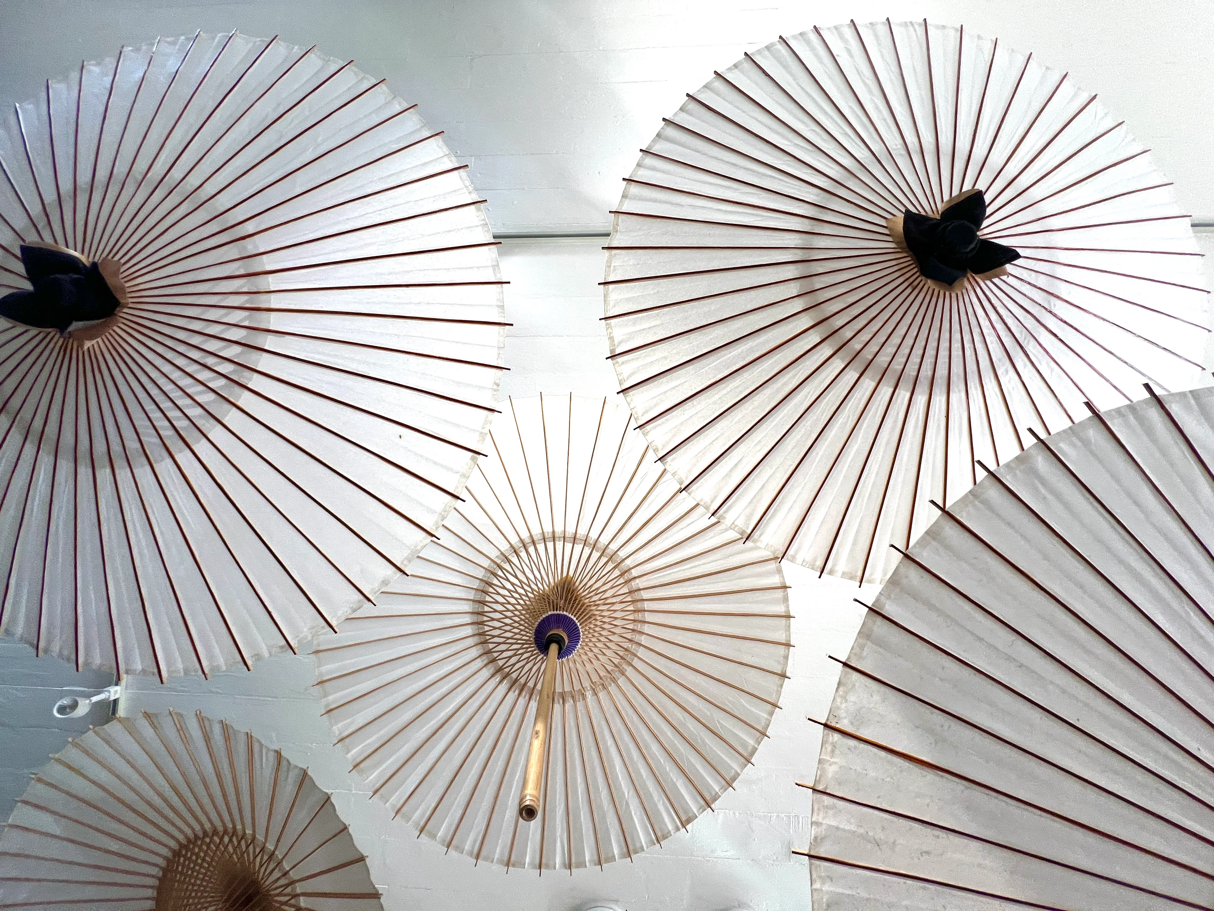 A photo of white umbrellas from the perspective of looking up. THis block contains the buttons for booking reservations.