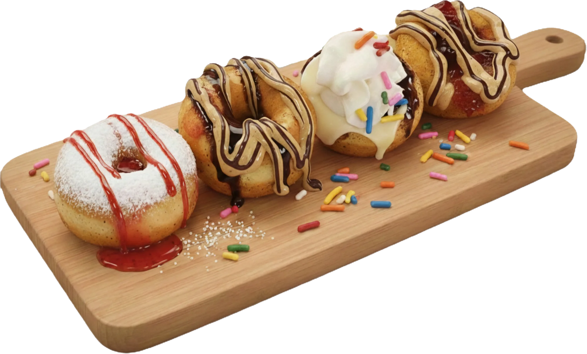 Assorted gourmet donuts on a wooden platter