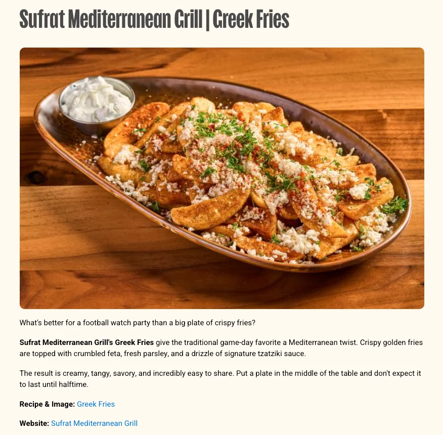 Sufrat Mediterranean Grill's Greek Fries give the traditional game-day favorite a Mediterranean twist.