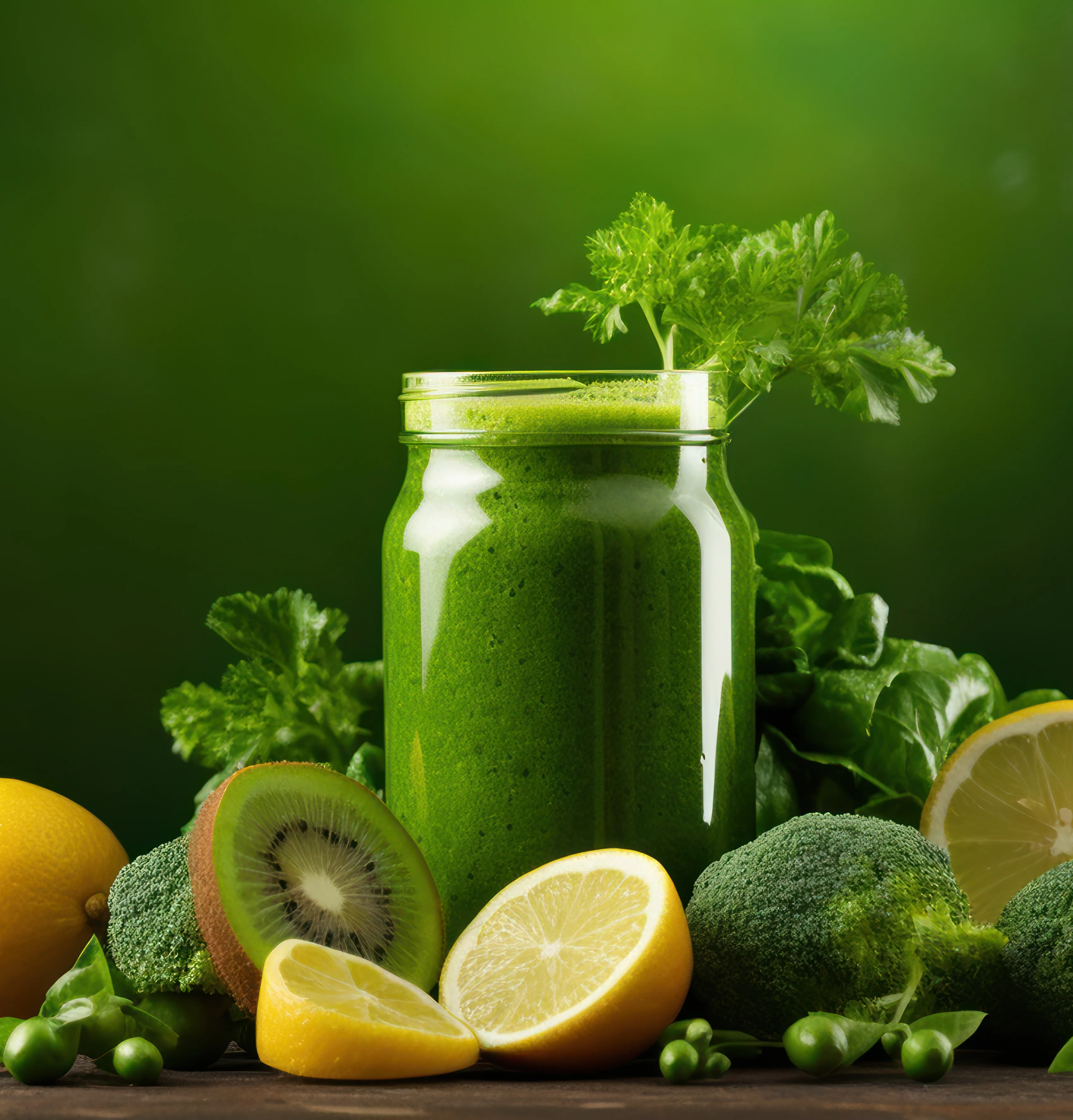 Green smoothie in a jar with fresh ingredients