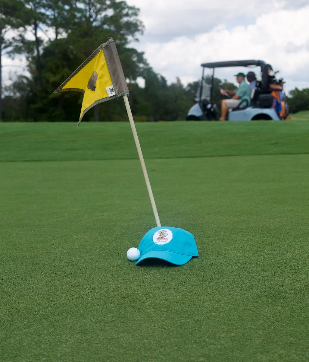Golf ball and cap near the flag on a putting green