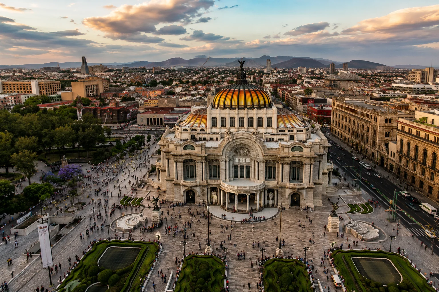 Aerial view of Palacio de Bellas Artes in Mexico City at sunset