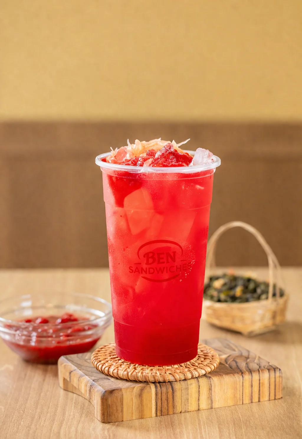 A bright red iced drink filled with ice and garnished with fruit. It is served in a clear cup on a wooden coaster, alongside a small bowl of syrup and dried tea leaves in a basket.