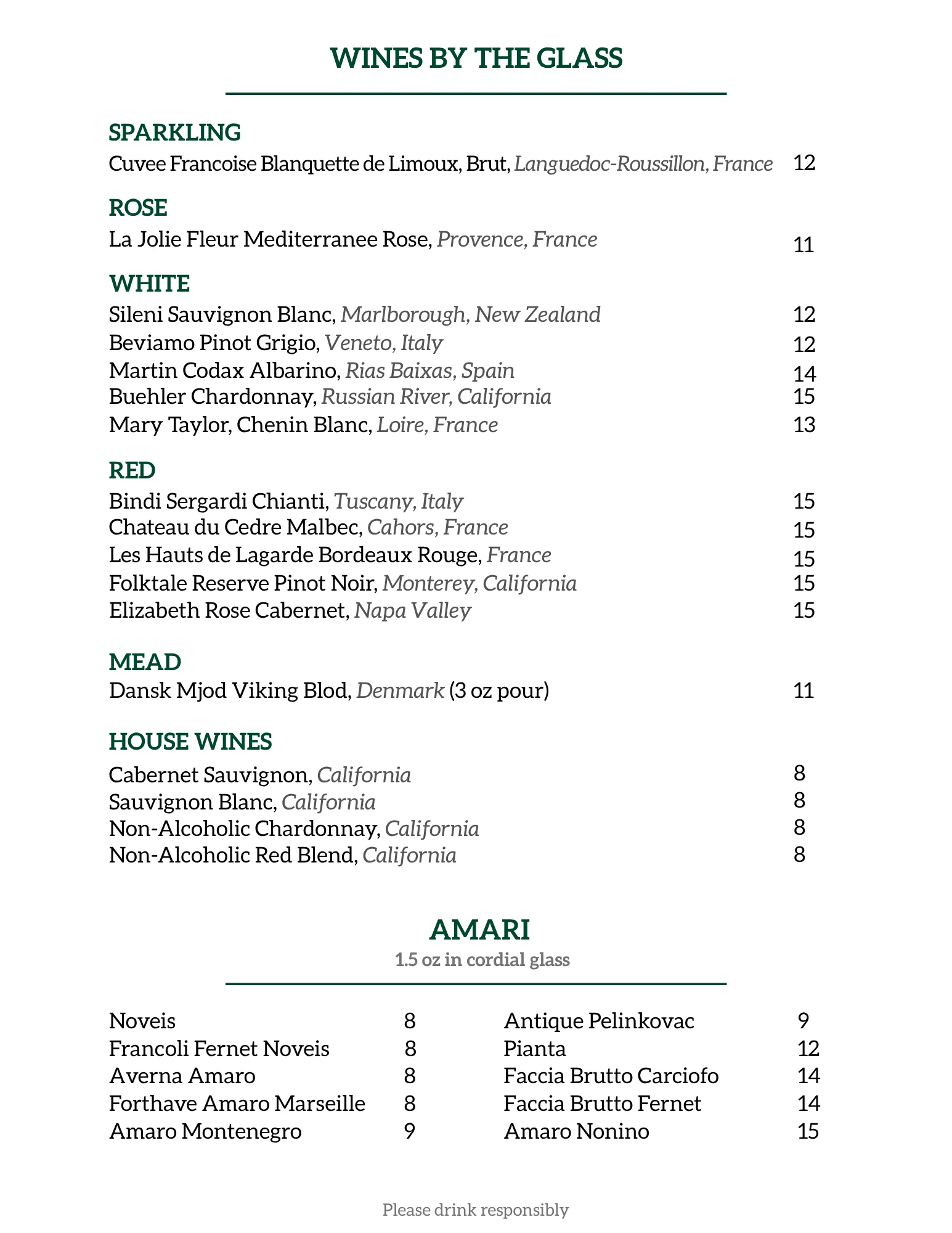 Bar menu page featuring various drink options and prices.