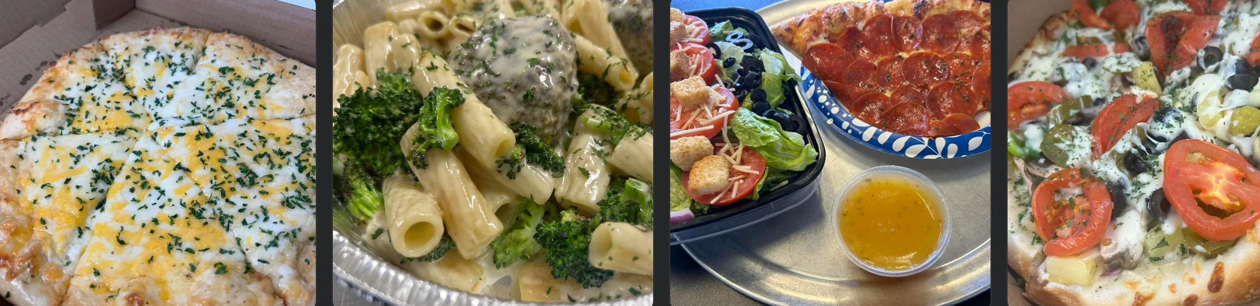 Assorted pizzas and pasta dishes from an Italian restaurant