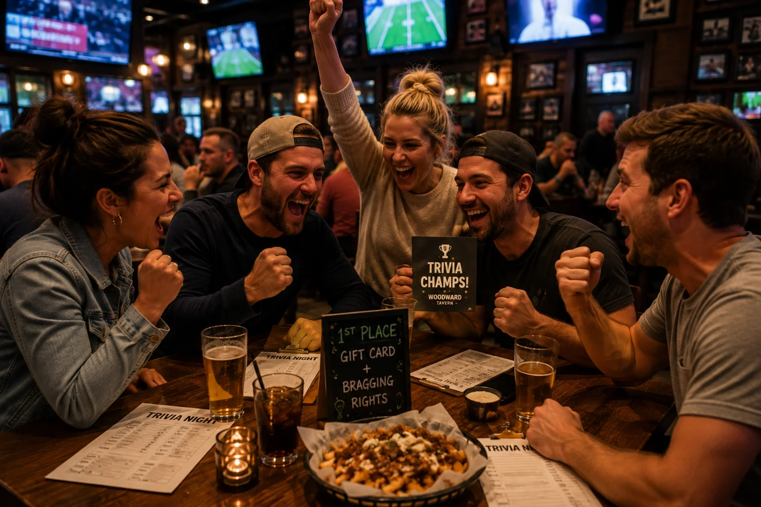 Trivia team celebrating a win at Woodward Tavern