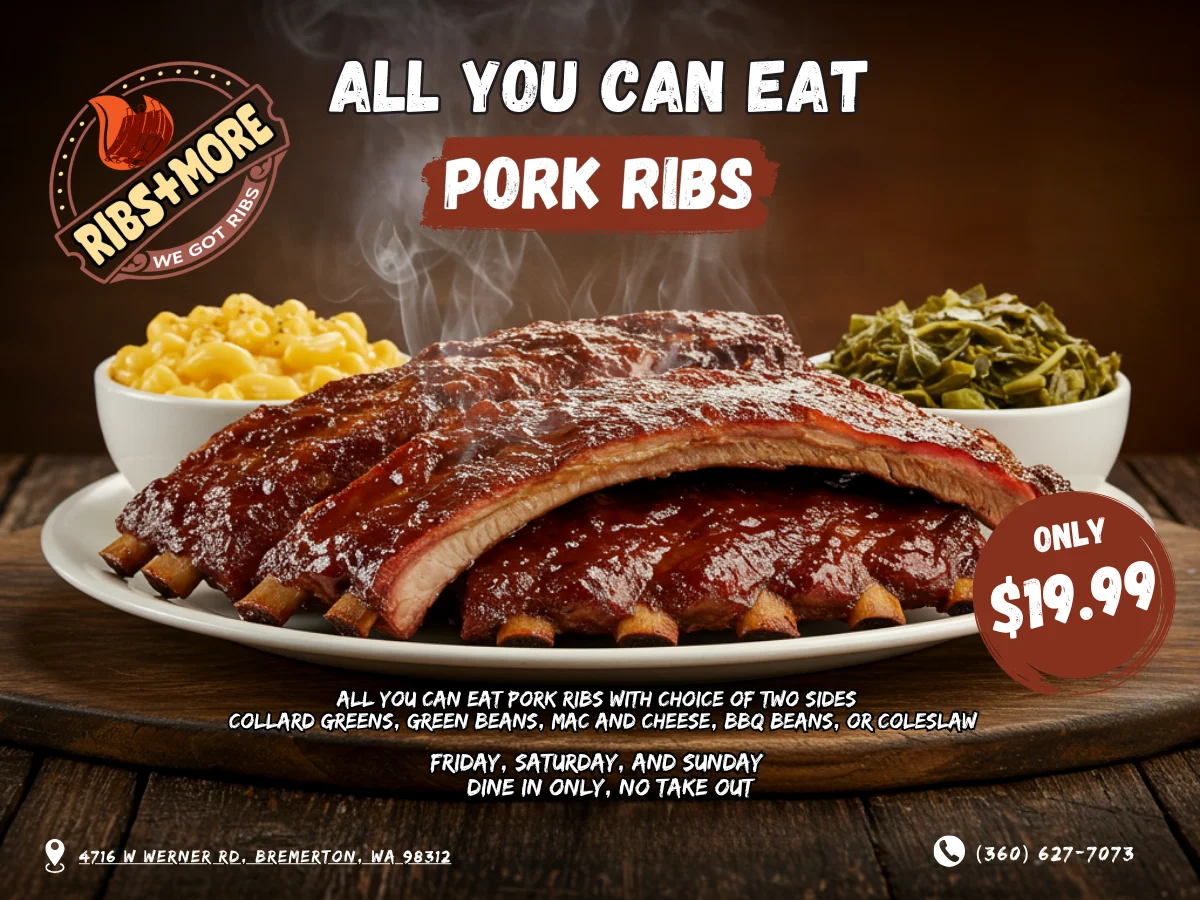 All-you-can-eat BBQ pork ribs served with sides in a cozy restaurant setting