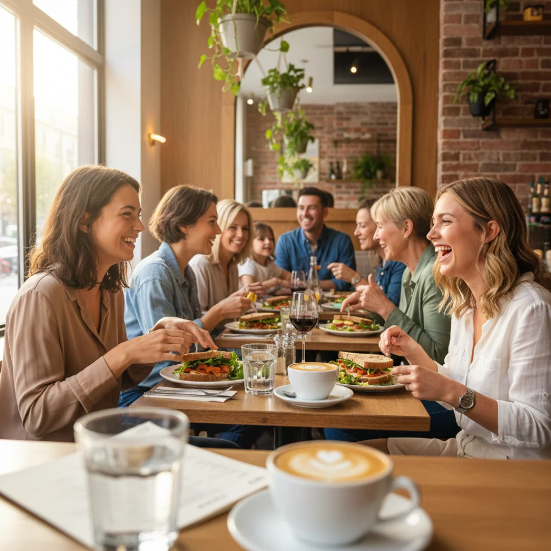 Group of friends enjoying lunch in a cozy restaurant