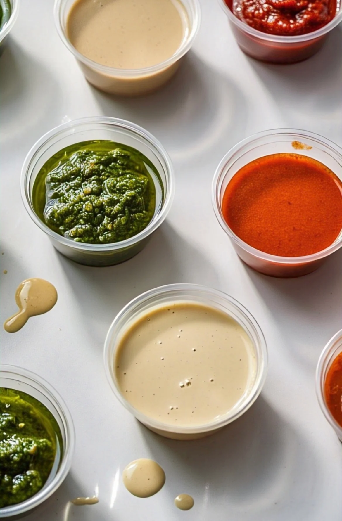 Assorted Indian chutneys and sauces in plastic cups
