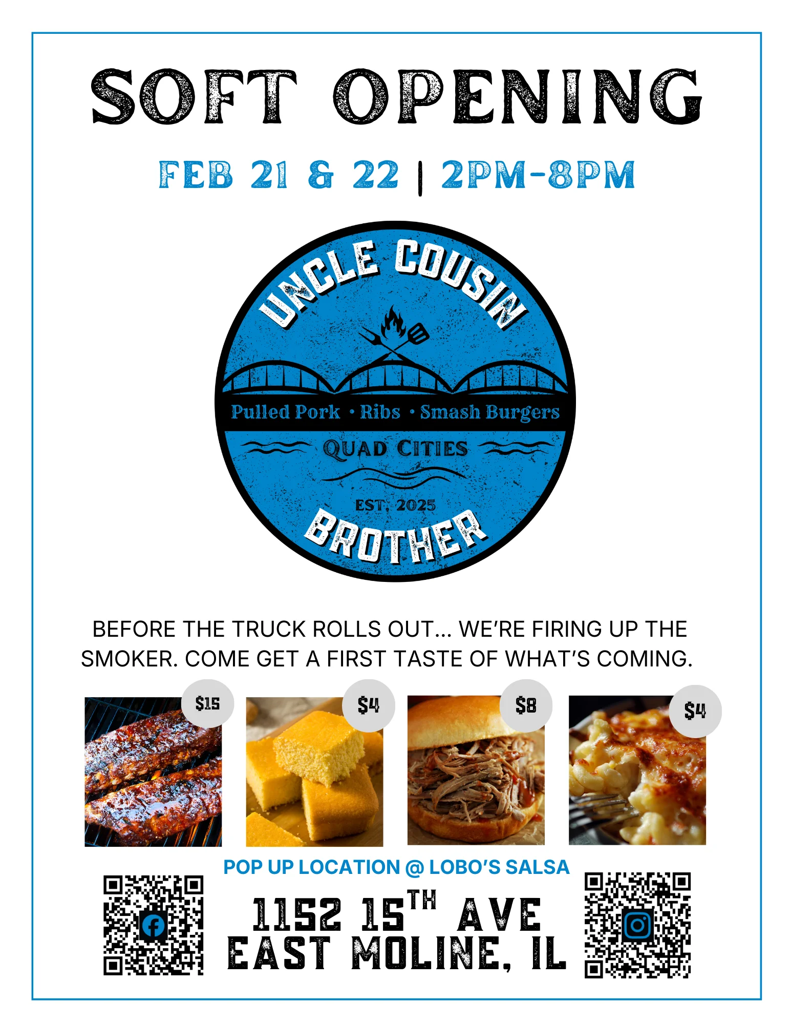Soft opening flyer for BBQ restaurant featuring pulled pork and ribs