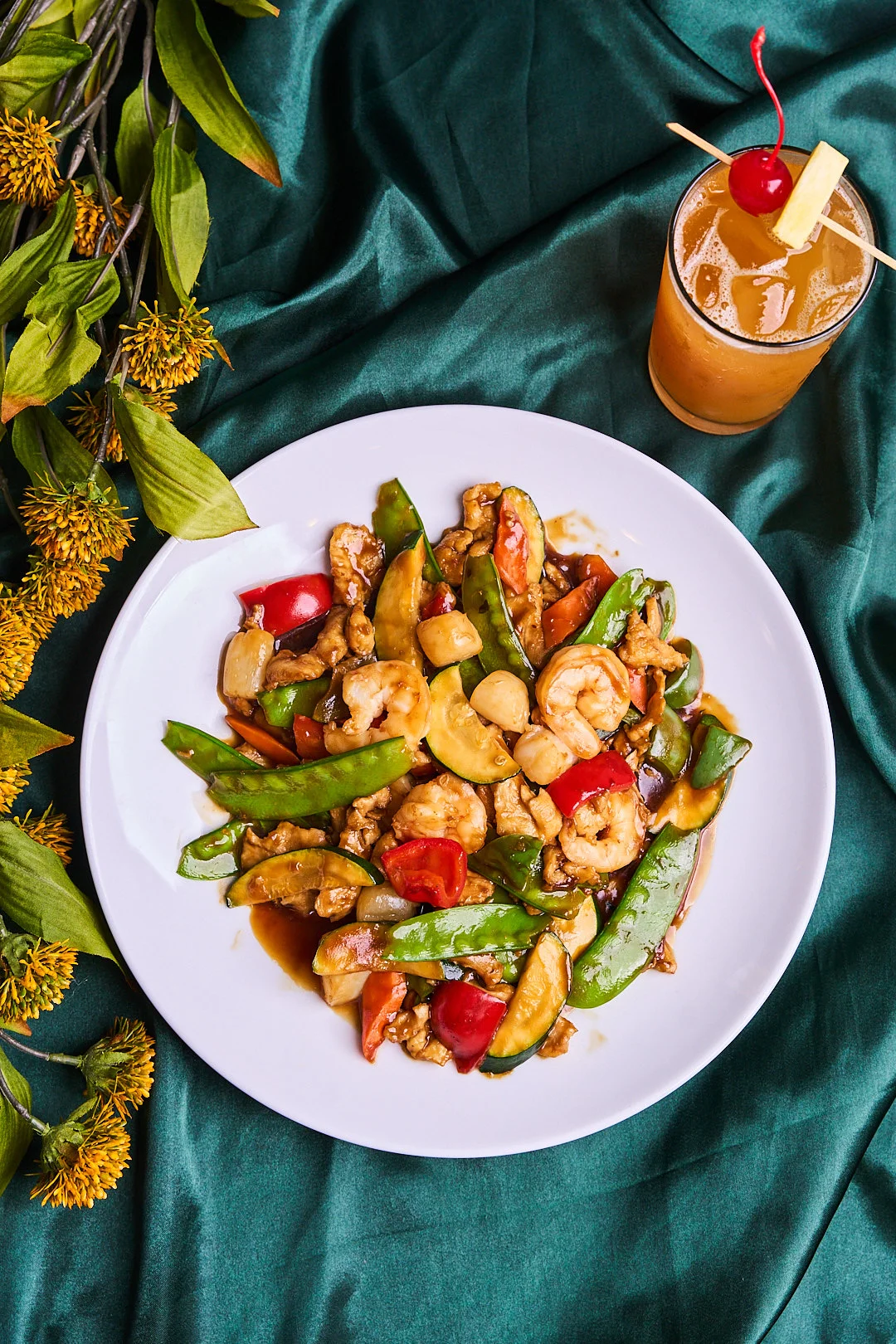 Stir-fried shrimp and vegetables in a Chinese style dish
