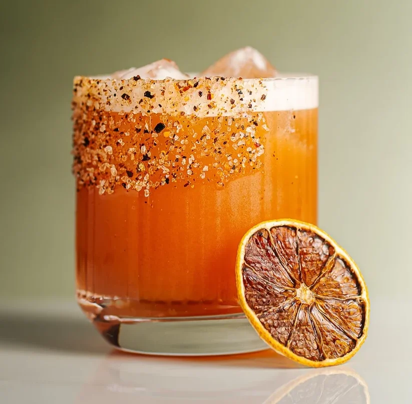 Craft cocktail with a spiced rim and dried citrus garnish