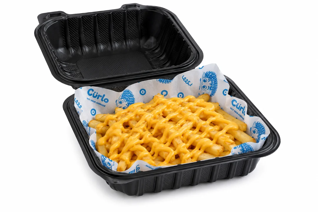 A container of loaded fries topped with a creamy cheese sauce, presented in a black to-go container with branded paper.