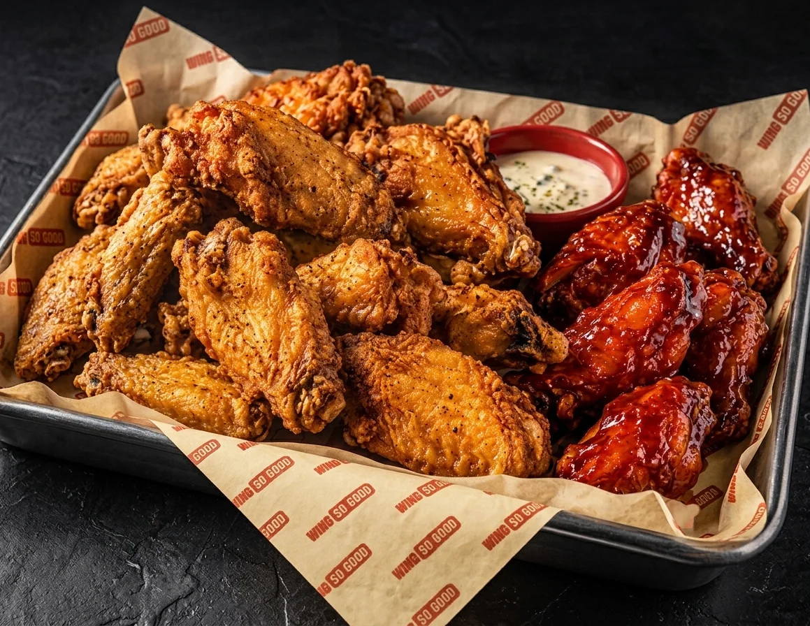 Crispy fried chicken wings with barbecue glaze and ranch dipping sauce