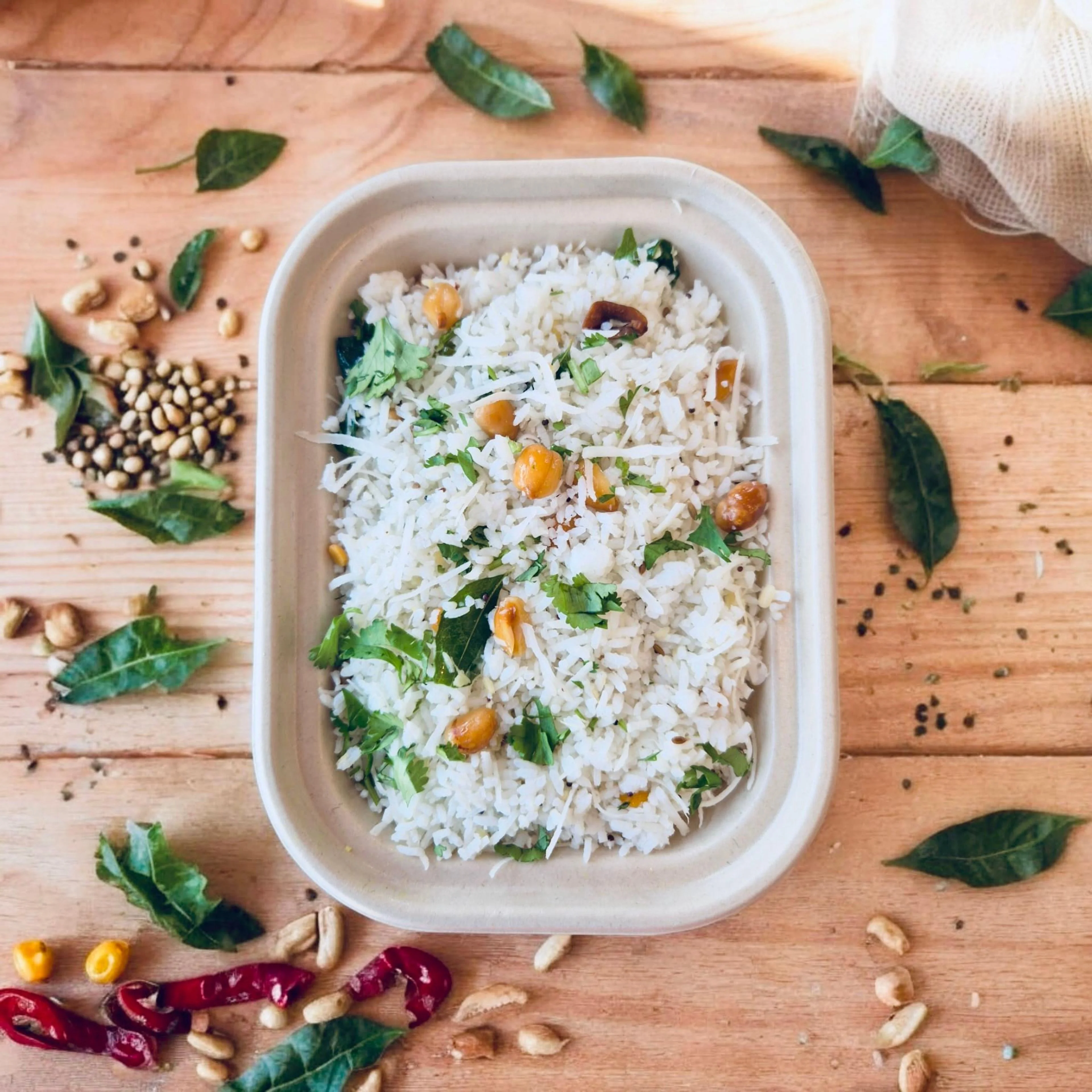 South Indian coconut rice with herbs and spices