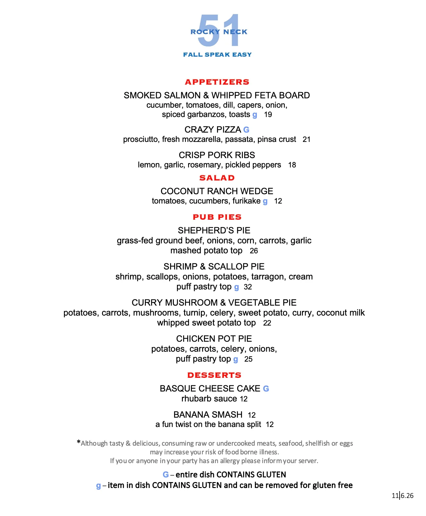 Restaurant menu featuring appetizers, pub pies, salads, and desserts