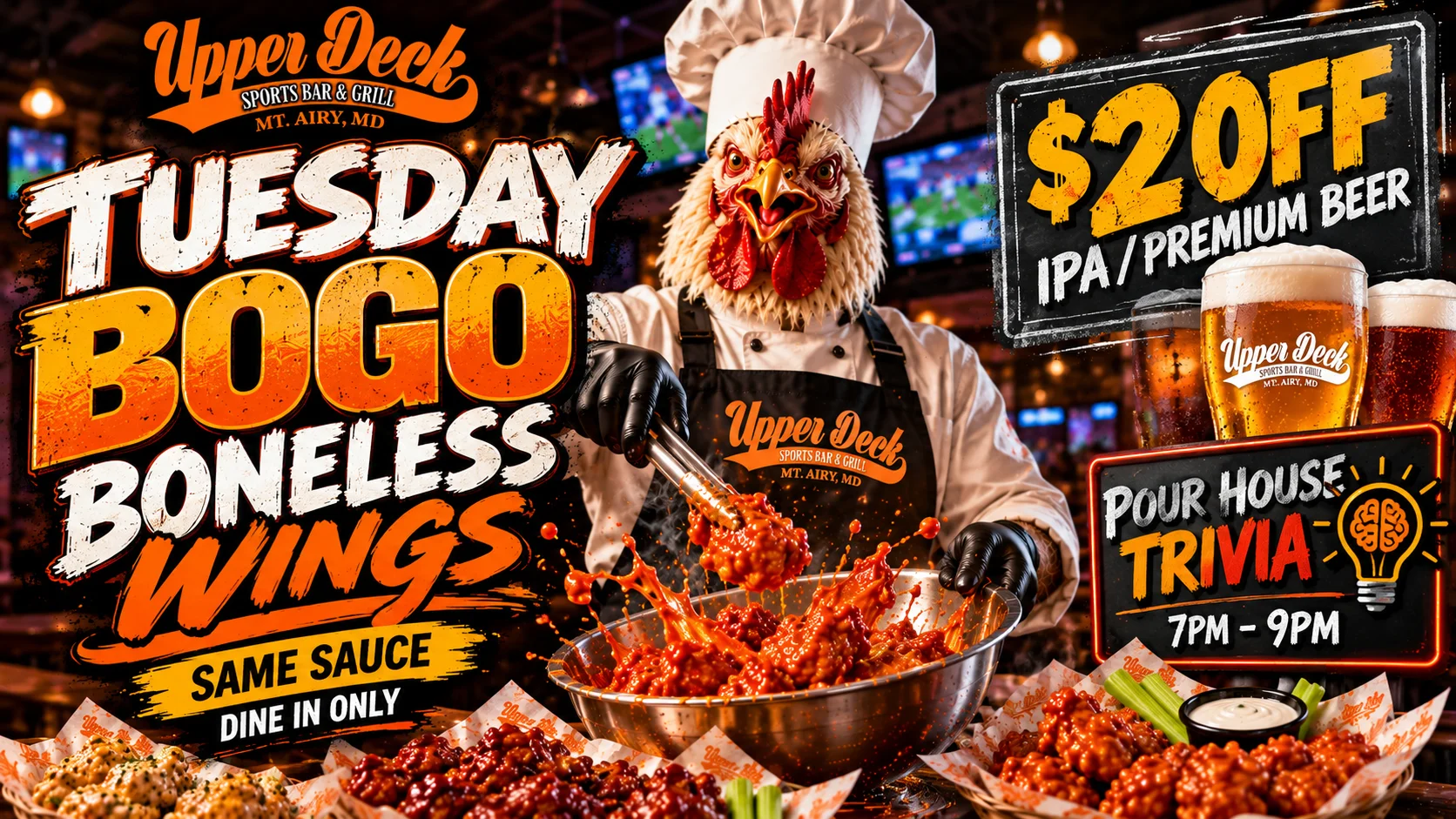 Buffalo wings and beer in a colorful sports bar promotion