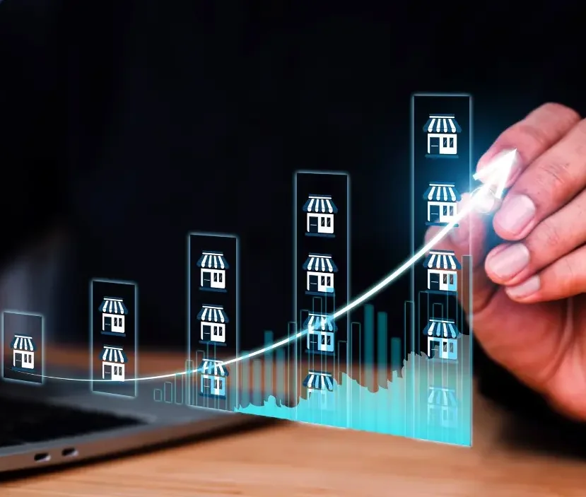 Graph showing business growth with retail icons and analytics