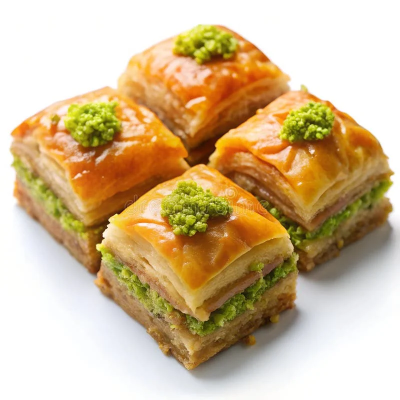 A close-up view of several pieces of baklava, layered pastry filled with nuts and honey, topped with a green garnish for decoration.