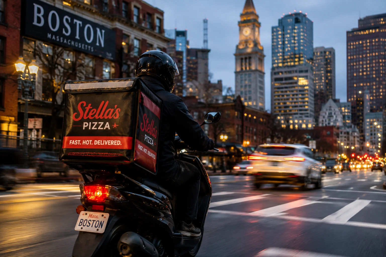 Pizza delivery rider in Boston cityscape at dusk