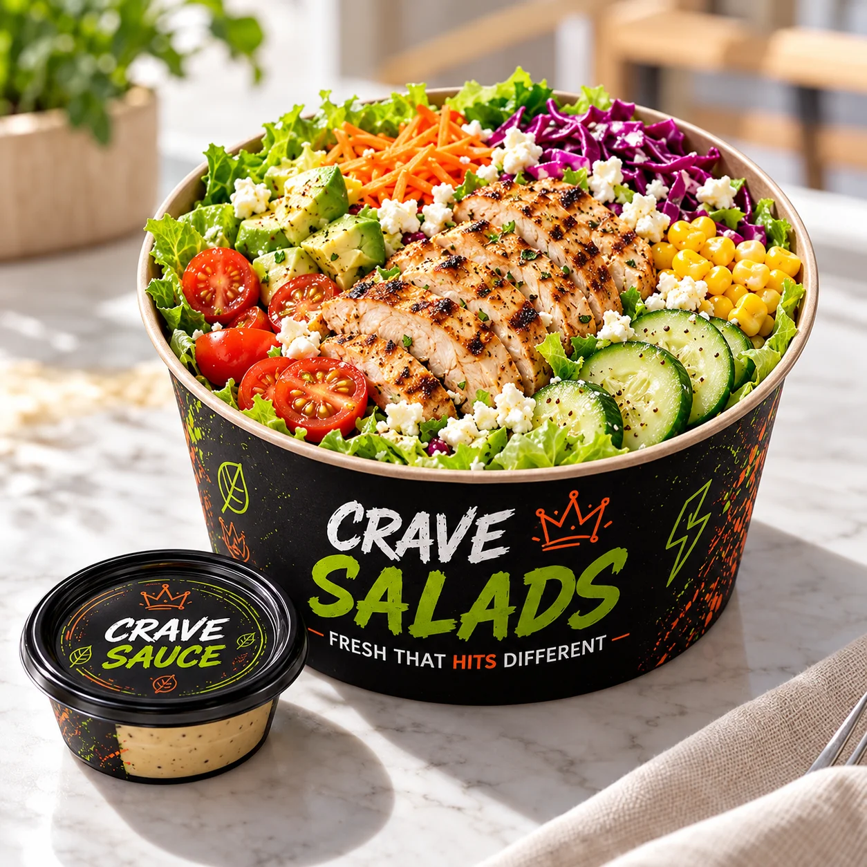 Grilled chicken salad bowl with avocado, corn, tomatoes, cucumber, and feta