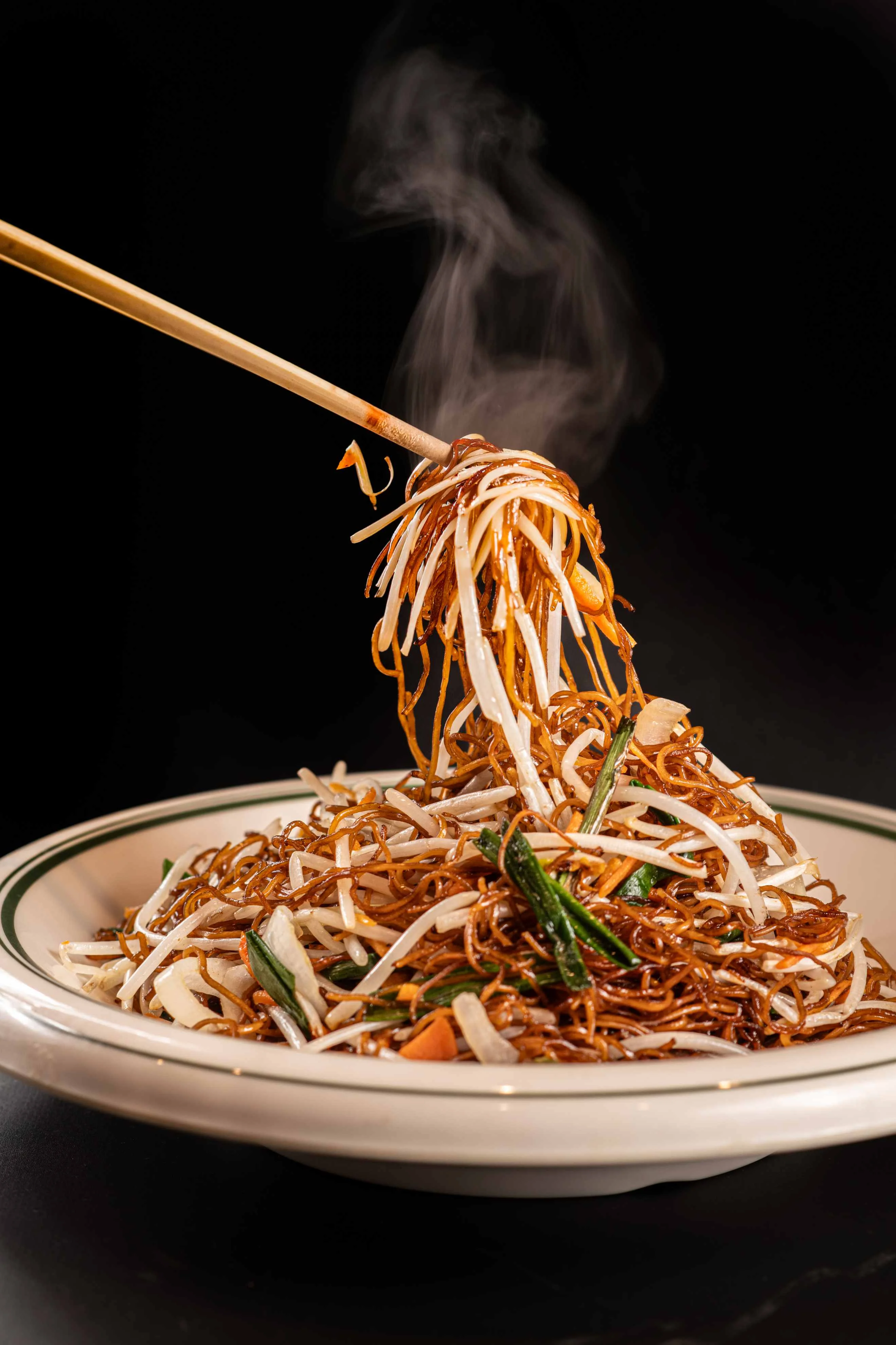 Delicious steaming plate of Chinese chow mein with vegetables