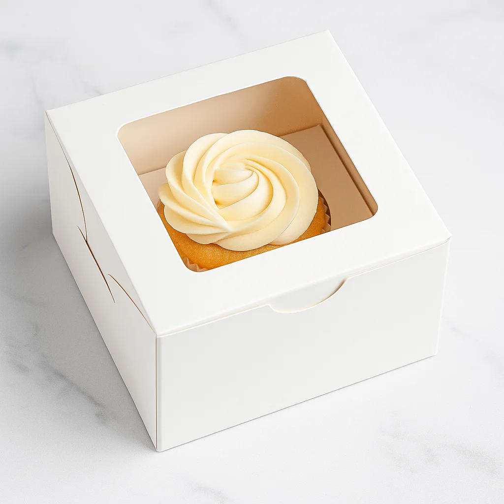 Elegant vanilla cupcake in a white box