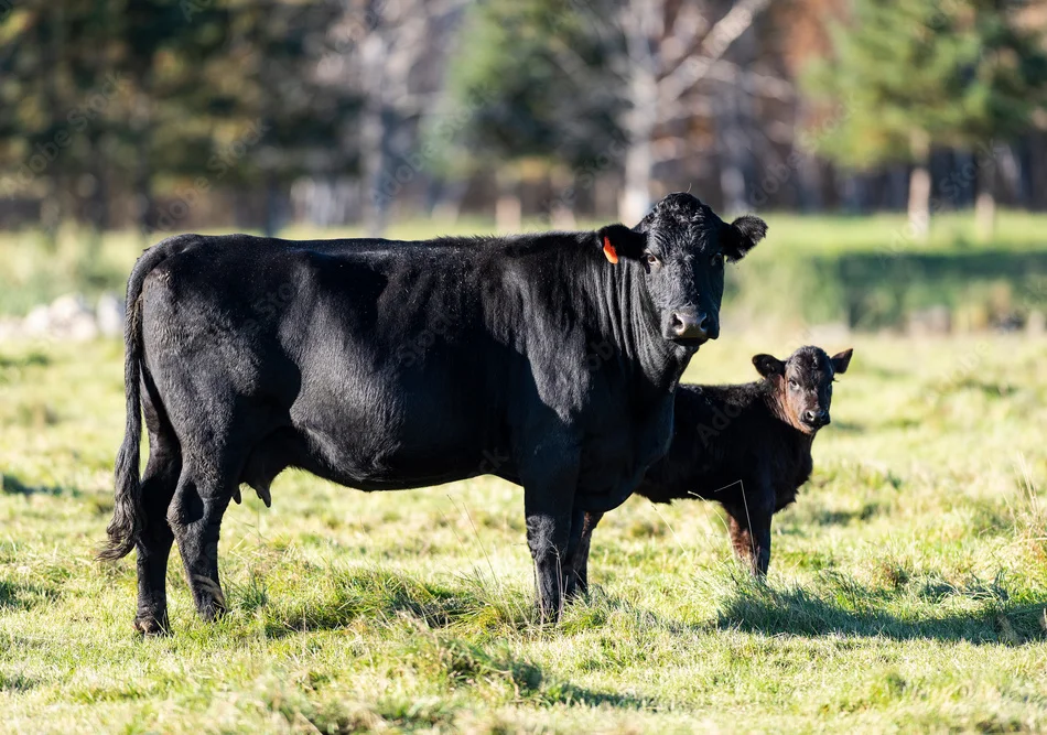 Black cow and calf grazing in a sunny pasture