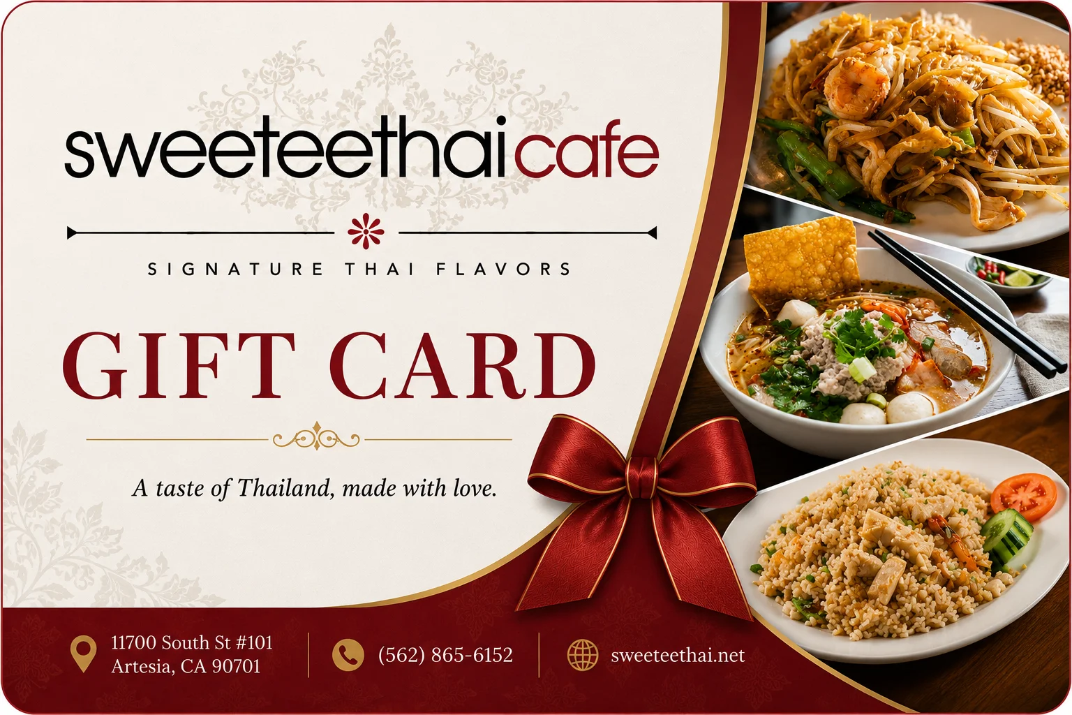 Gift card for authentic Thai cuisine at Sweet Thai Cafe