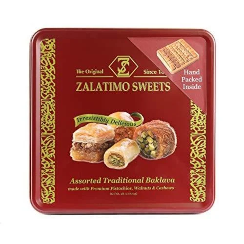 Zalatimo Sweets Since 1860, 100% All Natural Assorted Baklava, Slightly Sweet Baklava in Square Metal Gift Tin, No Preservatives, No Additives, No Cor
