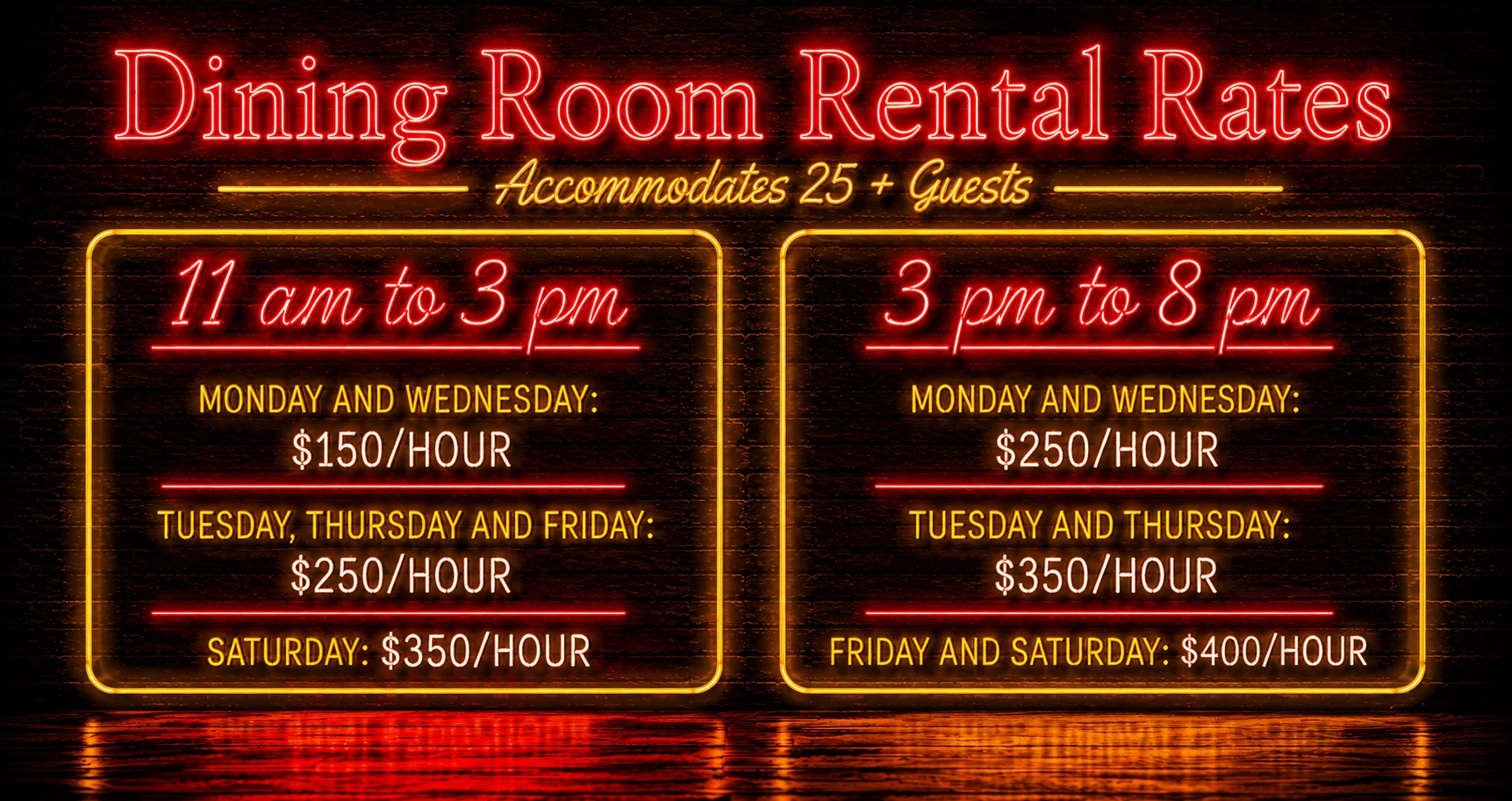 Dining room rental rates for events and gatherings